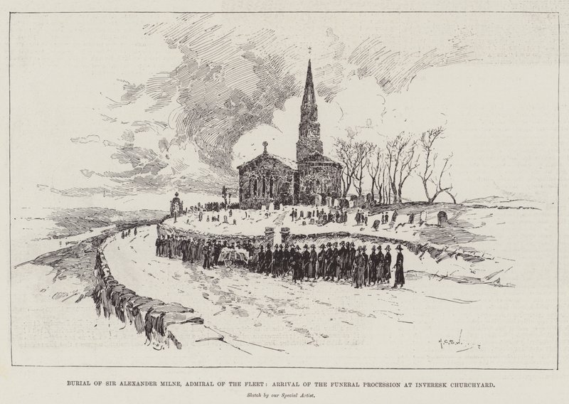Begravning av Sir Alexander Milne, flottans amiral, ankomsten av begravningsprocessen på Inveresk Churchyard av Henry Charles Seppings Wright