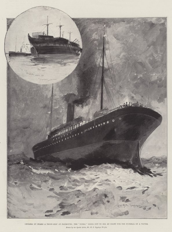 Kolera ombord på ett truppfartyg i Plymouth, Nubia går ut till havet på natten för begravningen av ett offer av Henry Charles Seppings Wright