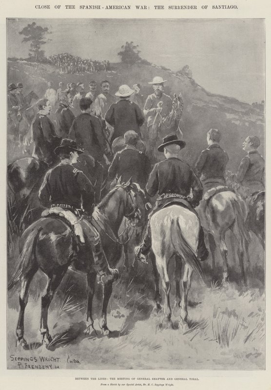Slutet av det spansk-amerikanska kriget, överlämnandet av Santiago, mellan linjerna, mötet för general Shafter och general Toral av Henry Charles Seppings Wright