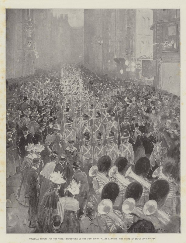 Koloniala trupper till Kapstaden, New South Wales Lancers avresa, scenen på Fenchurch Street av Henry Charles Seppings Wright