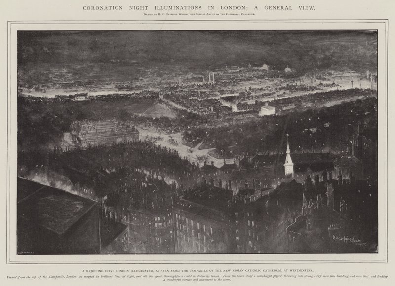 Coronation Night Illuminations in London, a General View, a Joicing City, London Illuminated, sett från Campanile of the New Roman Catholic Cathedral i Westminster av Henry Charles Seppings Wright