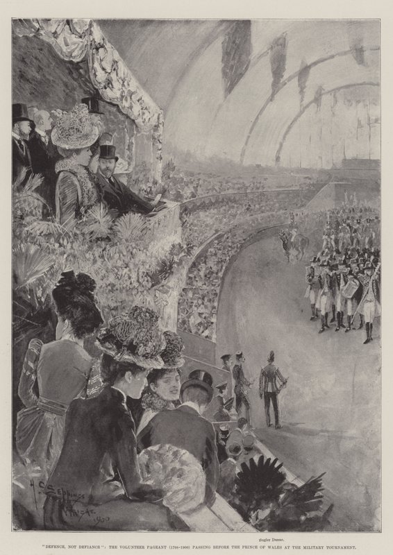Försvar, inte trots, frivilligkåren (1798-1900) som passerar för prinsen av Wales vid militärturneringen. av Henry Charles Seppings Wright