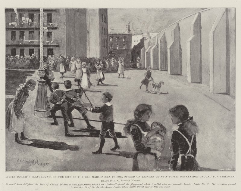 Lilla Dorrits lekplats, på platsen för det gamla Marshalsea-fängelset, öppnades den 25 januari som en offentlig rekreationsplats för barn. av Henry Charles Seppings Wright