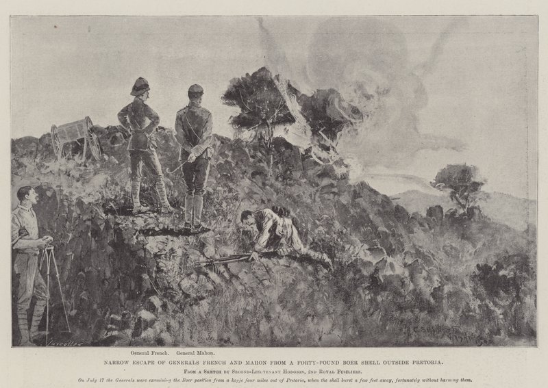 Smal flykt för generalerna French och Mahon från ett fyrtio punds boerskal utanför Pretoria av Henry Charles Seppings Wright