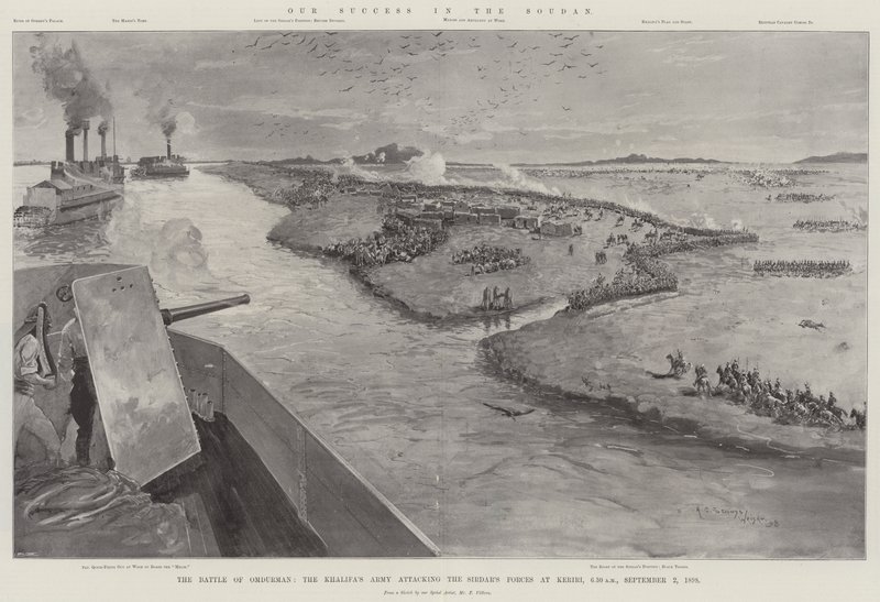 Våra framgångar i Soudan, slaget vid Omdurman, Khalifas armé attackerar sirdarens styrkor vid Keriri, 6.30 på morgonen den 2 september 1898 av Henry Charles Seppings Wright
