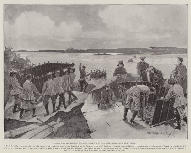 Ryska militära metoder, kosacker som korsar en flod i båtar som är gjorda av vagnar av Henry Charles Seppings Wright