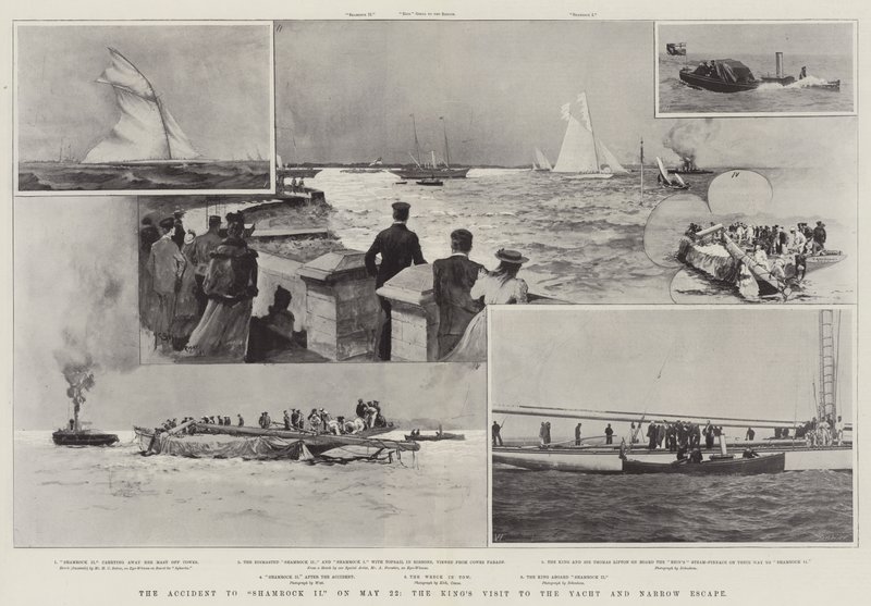 Olyckan med Shamrock II den 22 maj, kungens besök på yachten och Narrow Escape av Henry Charles Seppings Wright