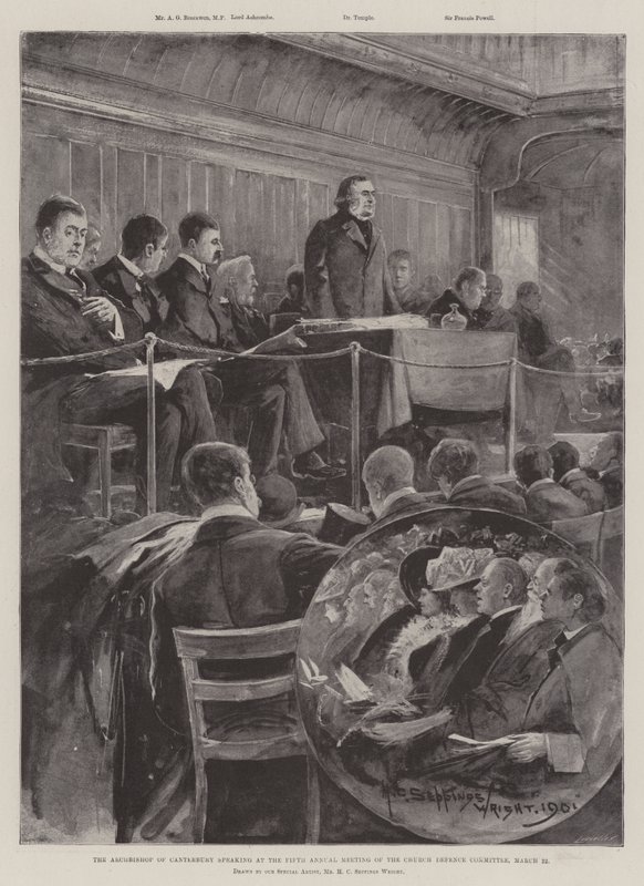 Ärkebiskopen av Canterbury vid det femte årsmötet för Church Defence Committee den 22 mars. av Henry Charles Seppings Wright