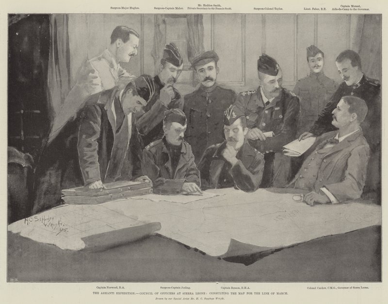 Ashanti-expeditionen, officersrådet i Sierra Leone, konsulterar kartan för marslinjen av Henry Charles Seppings Wright