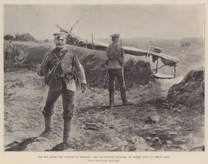 Dagen efter tillfångatagandet av Tientsin, det 12:e ryska infanteriet på vaktpost i sina linjer av Henry Charles Seppings Wright