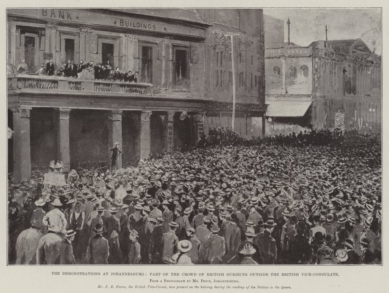 Demonstrationerna i Johannesburg, en del av skaran av brittiska ämnen utanför det brittiska vicekonsulatet av Henry Charles Seppings Wright