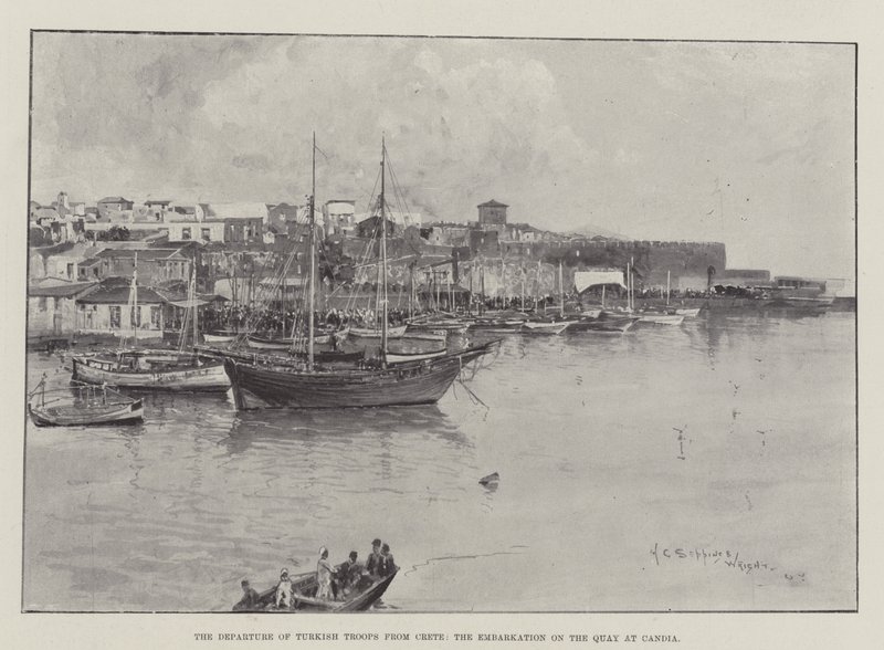 De turkiska truppernas avresa från Kreta, embarkering på kajen i Candia av Henry Charles Seppings Wright