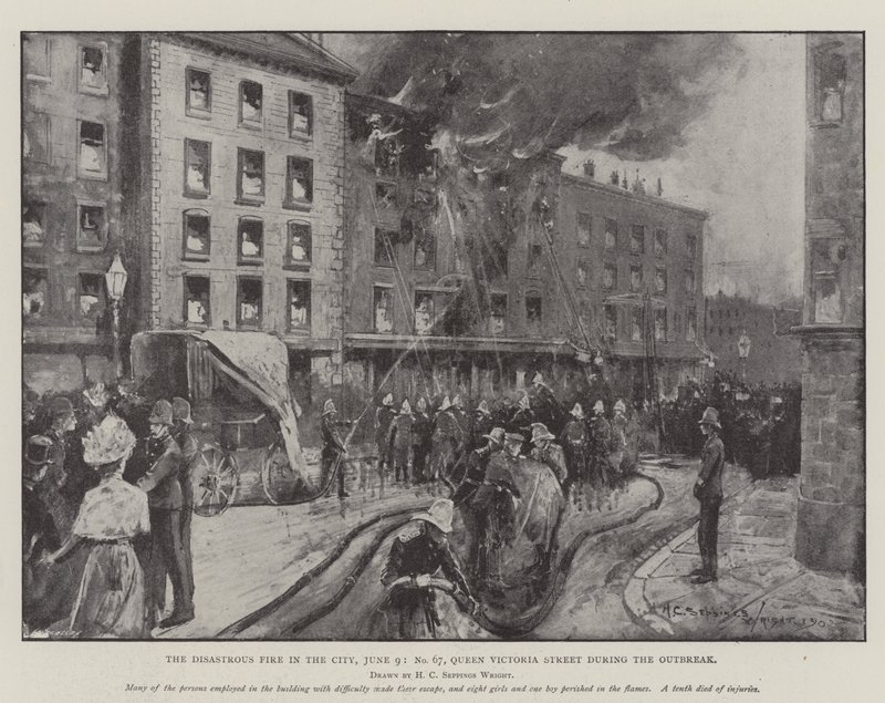 Den katastrofala branden i staden, 9 juni, nr 67, Queen Victoria Street under utbrottet av Henry Charles Seppings Wright