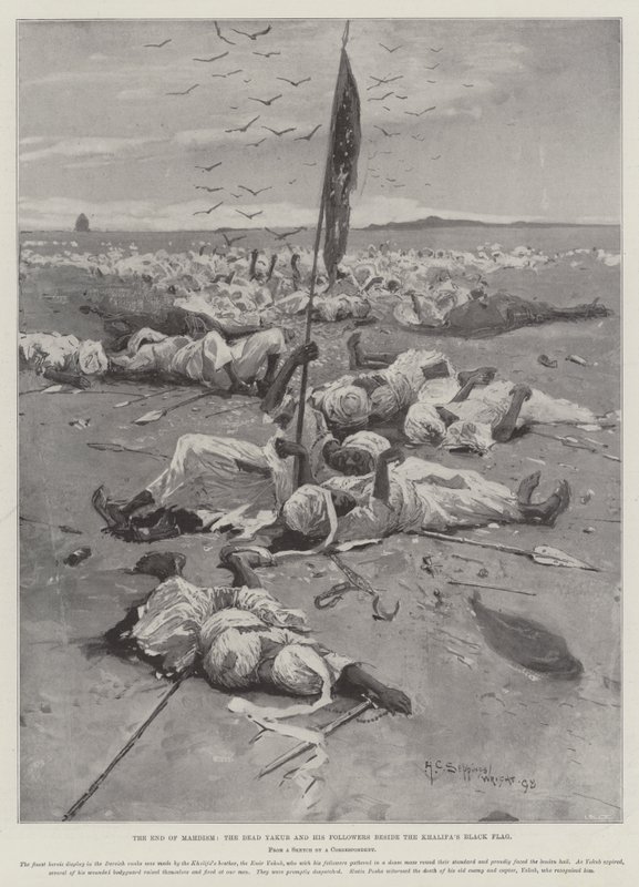 Slutet på Mahdism, de döda Yakub och hans anhängare bredvid Khalifas svarta flagga av Henry Charles Seppings Wright
