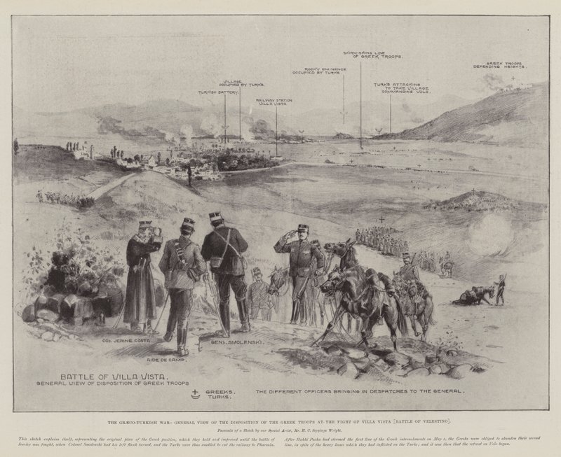 Det grekisk-turkiska kriget, allmän syn på de grekiska truppernas disposition vid striden om Villa Vista (slaget vid Velestino) av Henry Charles Seppings Wright