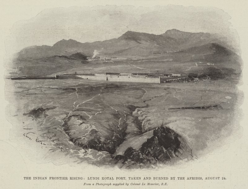 Indian Frontier Rising, Lundi Kotal Fort, tagen och bränd av Afridis, 24 augusti av Henry Charles Seppings Wright