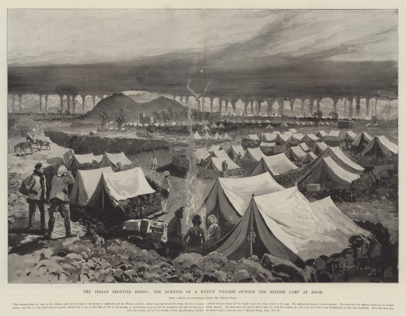 Den indiska gränsen reser sig, brännandet av en infödd by utanför det brittiska lägret i Bagh av Henry Charles Seppings Wright