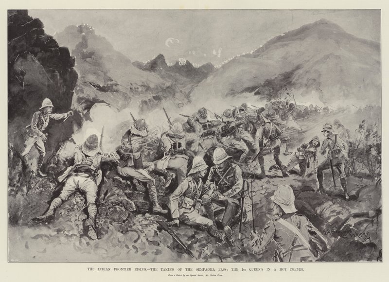 Indian Frontier Rising, intagandet av Sempagha-passet, 1:a drottningen är i ett varmt hörn av Henry Charles Seppings Wright
