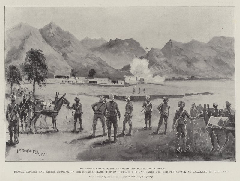 Den indiska gränsen reser sig, med Buner Field Force, Bengal Sappers och Miners som spränger Said Ullahs rådskammare, den galne fakiren som ledde attacken i Malakand i juli förra året. av Henry Charles Seppings Wright