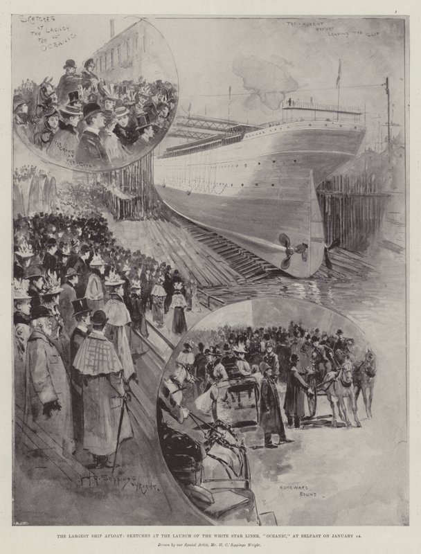 Det största fartyget som flyter, skisser vid lanseringen av White Star Liner, Oceanic, i Belfast den 14 januari av Henry Charles Seppings Wright