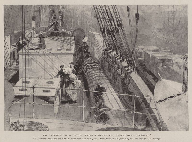 Upptäckten av South Polar Expeditionsfartygets morgon, lättnadsskepp av Henry Charles Seppings Wright