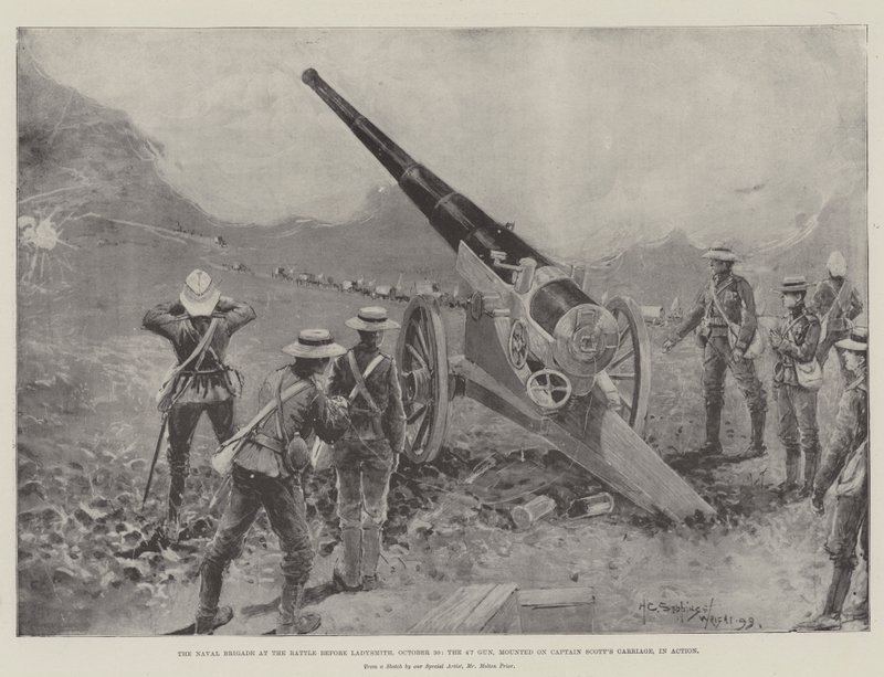 Sjöbrigaden vid slaget före Ladysmith, 30 oktober, 4.7 Gun, monterad på kapten Scotts vagn, i aktion av Henry Charles Seppings Wright