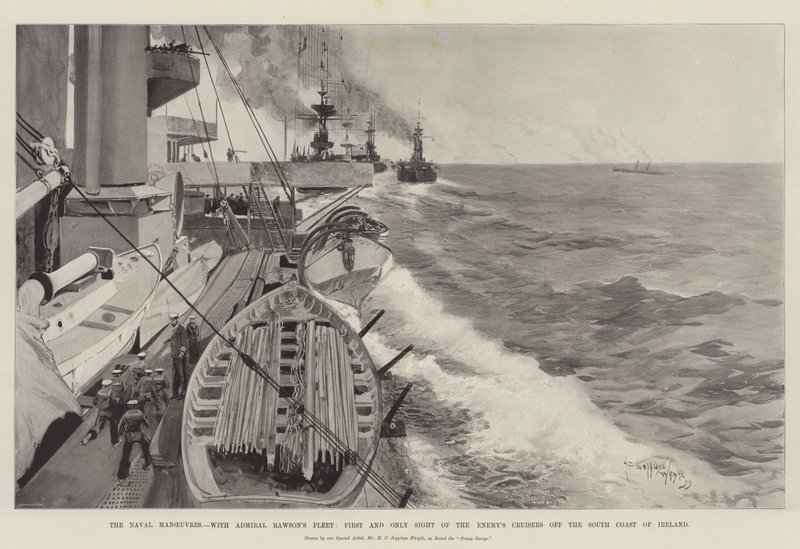 Sjömanövrarna, med amiral Rawsons flotta, första och enda synen av fiendens kryssare utanför Irlands sydkust av Henry Charles Seppings Wright