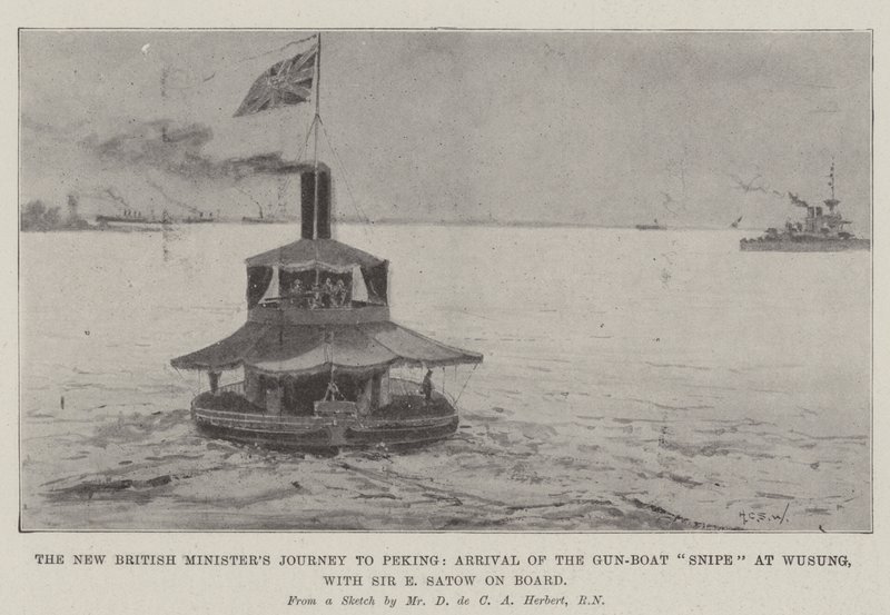 Den nya brittiska ministerns resa till Peking, ankomsten av kanonbåten Snipe till Wusung med Sir E Satow ombord av Henry Charles Seppings Wright