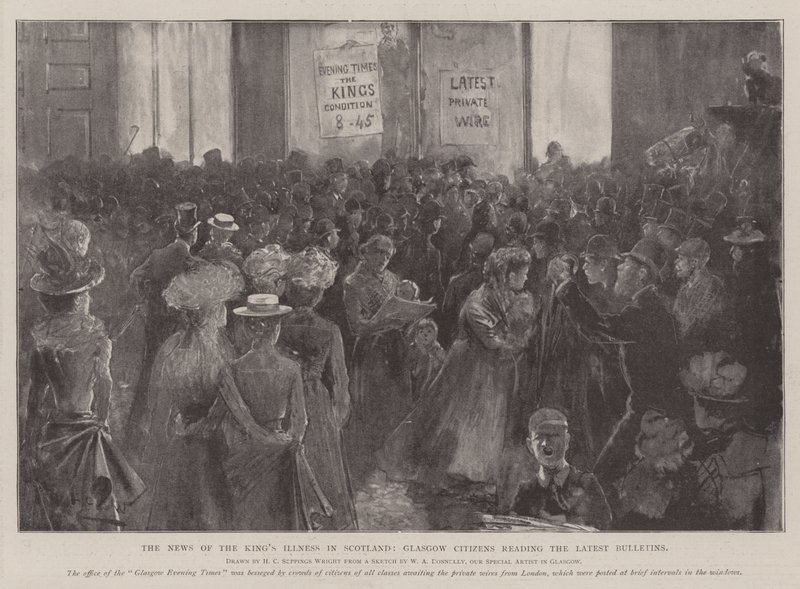 Nyheten om kungens sjukdom i Skottland, Glasgow Citizens läser de senaste bulletinerna av Henry Charles Seppings Wright