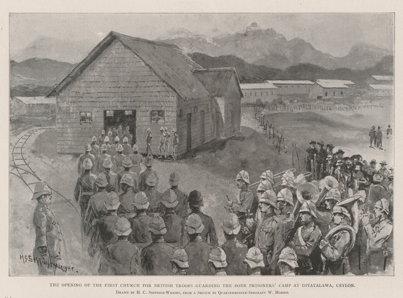 Öppnandet av den första kyrkan för brittiska trupper som vaktar boerfånglägret i Diyatalawa, Ceylon av Henry Charles Seppings Wright