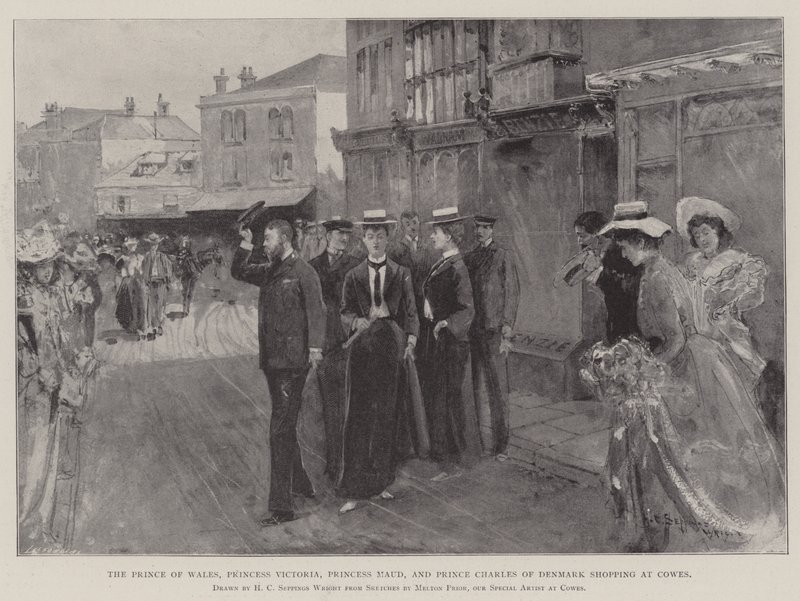 Prinsen av Wales, prinsessan Victoria, prinsessan Maud och prins Charles av Danmark shoppar på Cowes av Henry Charles Seppings Wright