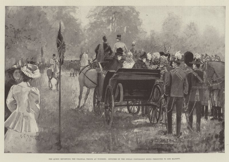 Drottningen granskar de koloniala trupperna i Windsor, officerare från den indiska kontingenten presenteras för Hennes Majestät av Henry Charles Seppings Wright
