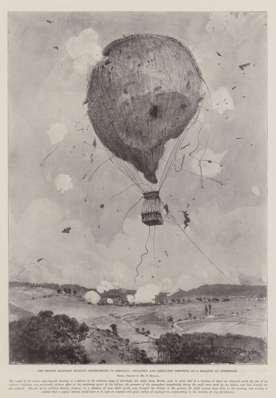 De senaste militära ballongförsöken i Tyskland, infanteri och artilleri skjuter på en ballong vid Interbogk av Henry Charles Seppings Wright