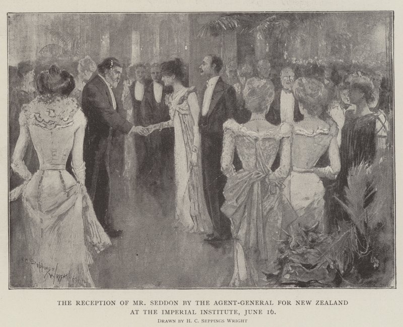 Mottagandet av Seddon av generalagenten för Nya Zeeland vid Imperial Institute, 16 juni. av Henry Charles Seppings Wright