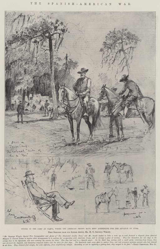 Det spansk-amerikanska kriget, scener i lägret vid Tampa, där de amerikanska trupperna har samlats för frammarsch mot Kuba av Henry Charles Seppings Wright