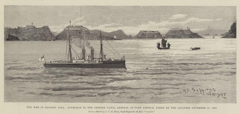 Kriget i östra Asien, närmande till det kinesiska sjöarsenalet i Port Arthur, taget av japanerna 21 november 1894 av Henry Charles Seppings Wright