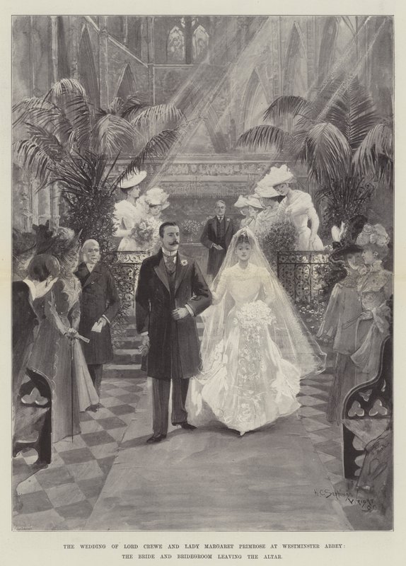 Lord Crewe och Lady Margaret Primroses bröllop i Westminster Abbey, bruden och brudgummen lämnar altaret av Henry Charles Seppings Wright