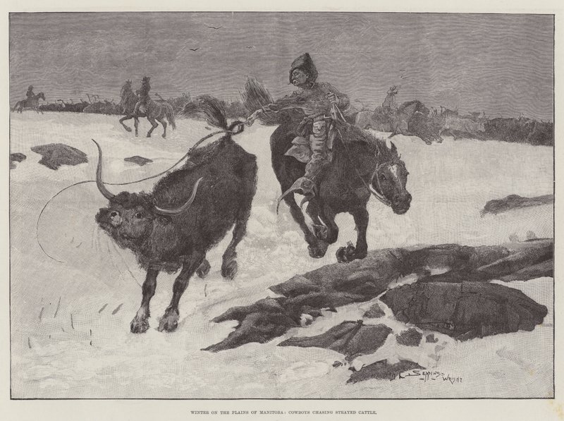 Vinter på Manitobas slätter, cowboys som jagar bortsprungna boskap av Henry Charles Seppings Wright