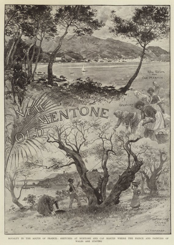 Kunglighet i södra Frankrike, skisser på Mentone och Cap Martin där prinsen och prinsessan av Wales vistas av Henry Edward Tidmarsh
