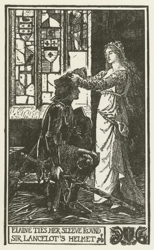Elaine knyter ärmen runt Sir Lancelots hjälm av Henry Justice Ford