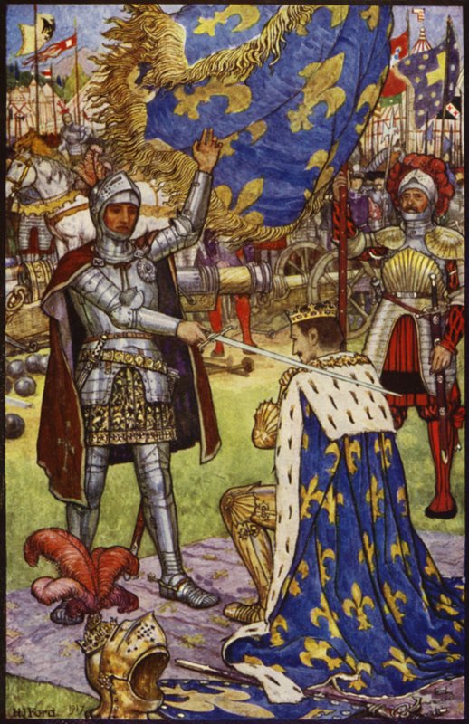Francis I, kungen av Frankrike, tar emot riddarordet från Bayard av Henry Justice Ford