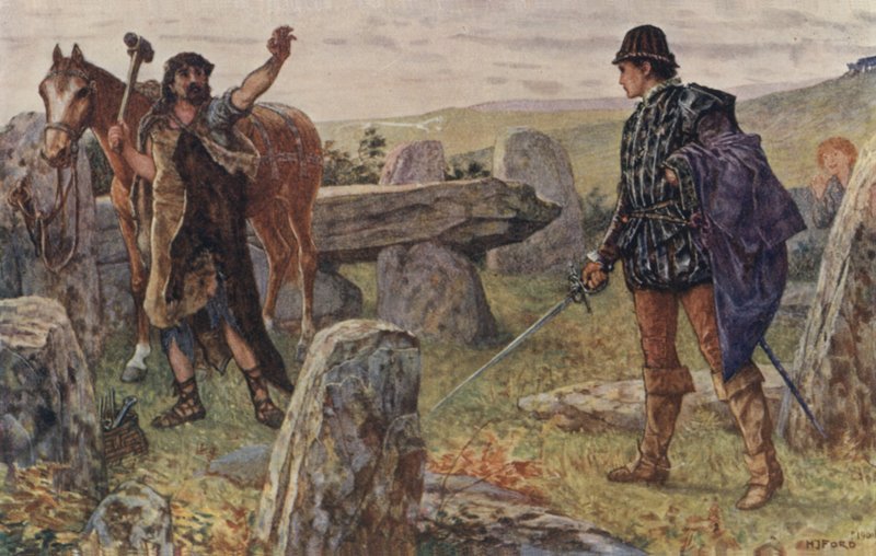 Tressilian startade upp med sitt svärd i handen, sprang runt snåret och konfronterade en man i ett hovslagares läderförkläde av Henry Justice Ford