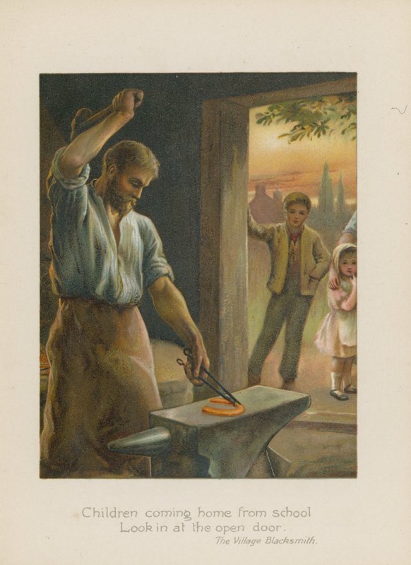 Barn som kommer hem från skolan tittar in genom den öppna dörren (chromolitho) av Henry Marriott Paget