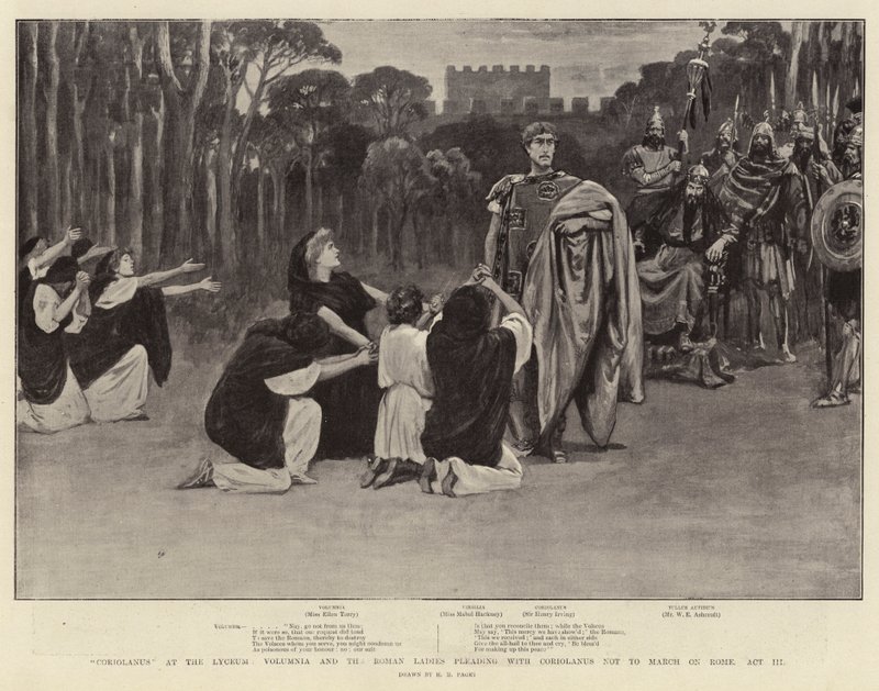 Coriolanus vid Lyceum, Volumnia och de romerska damerna vädjar till Coriolanus att inte marsera mot Rom, akt III av Henry Marriott Paget