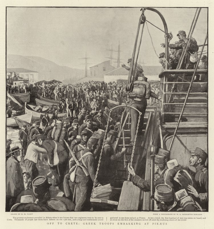 Iväg till Kreta, grekiska trupper går ombord i Pireus. av Henry Marriott Paget