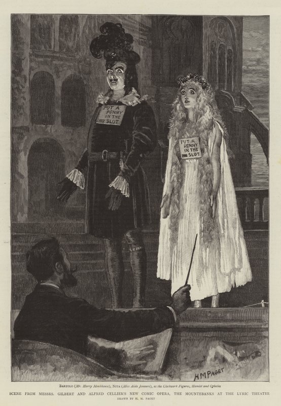 Scen från Messers Gilbert och Alfred Celliers New Comic Opera, The Mountebanks på Lyric Theatre av Henry Marriott Paget