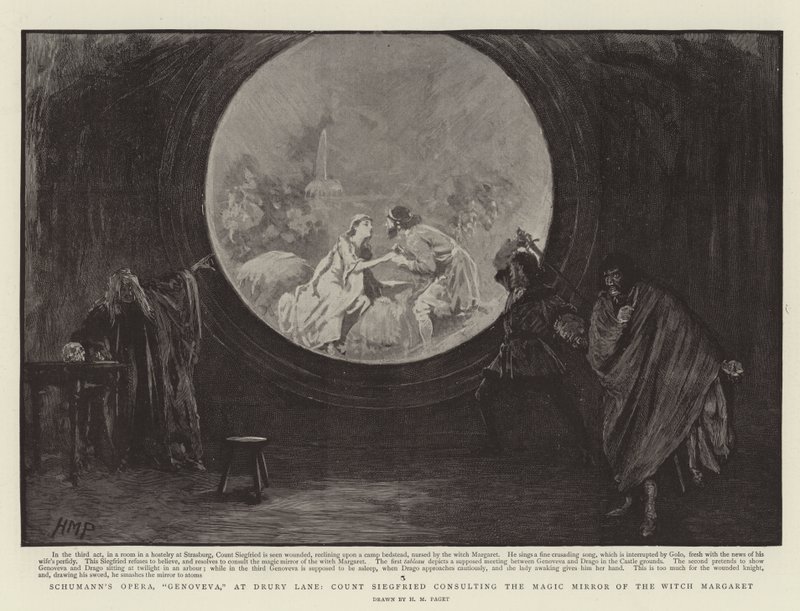 Schumanns opera Genoveva på Drury Lane, greve Siegfried rådfrågar häxan Margarets magiska spegel av Henry Marriott Paget