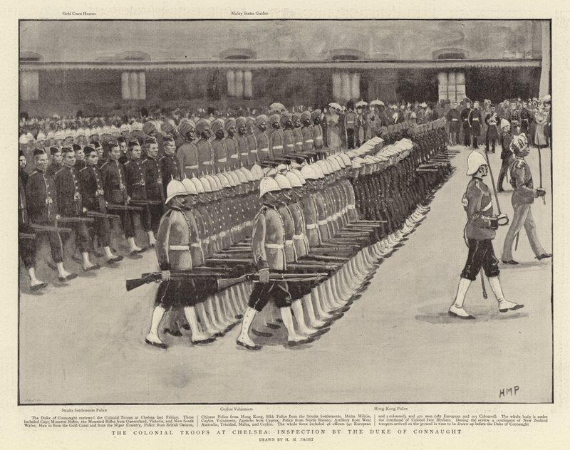 De koloniala trupperna i Chelsea, inspektion av hertigen av Connaught av Henry Marriott Paget