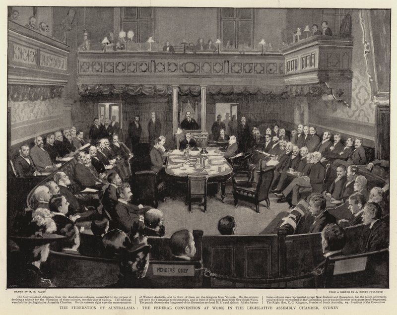 Federation of Australasia, den federala konventet i arbete i den lagstiftande församlingens kammare i Sydney. av Henry Marriott Paget