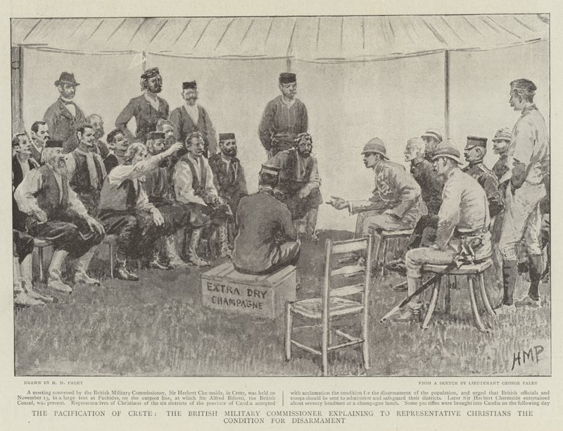 The Pacification of Crete, den brittiska militärkommissionären som förklarar för representativa kristna villkoret för nedrustning av Henry Marriott Paget